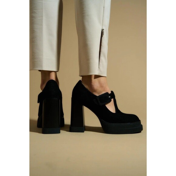 Lonza Shirley Suede High Heel Boots Mary Jane Platform Shoes Size 38 Black EUC - Picture 10 of 11